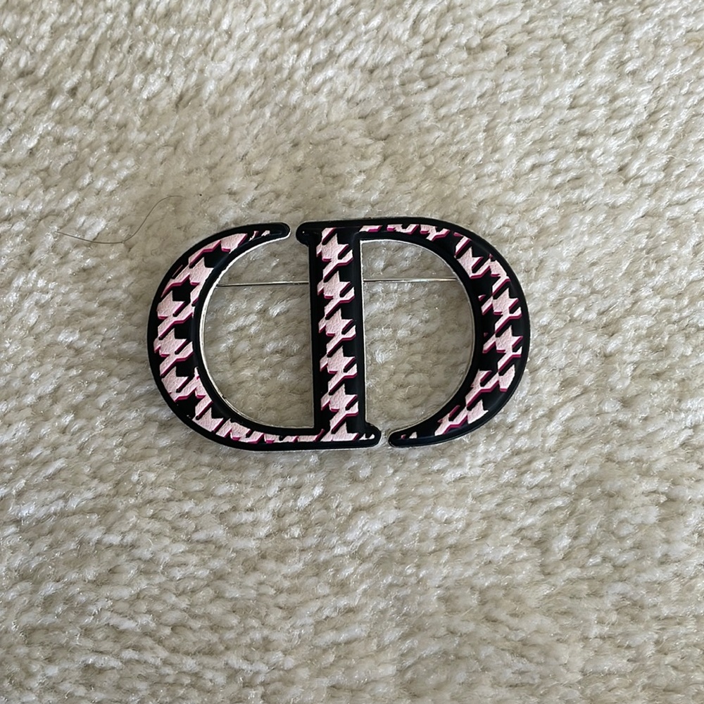 Dior Black and Pink CD Logo Houndstooth Brooch